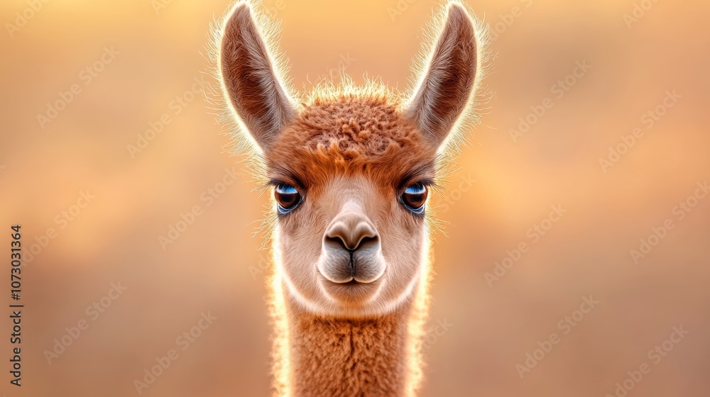 Baby llama with a blue eye stares at the camera. The image has a warm, inviting mood