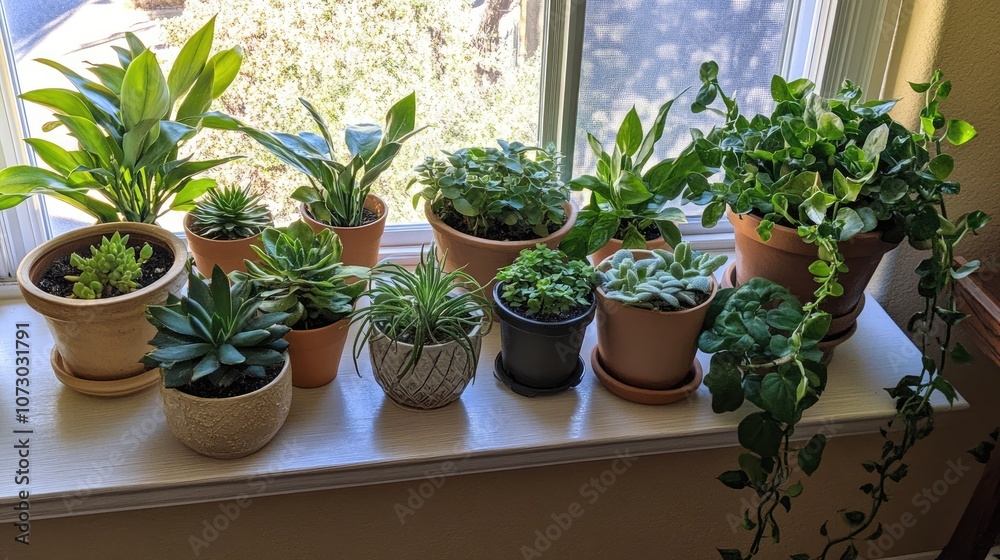 Fototapeta premium A Beautiful Display of Indoor Greenery Featuring Various Potted Plants on a Bright Sunny Windowsill in a Cozy Home Environment