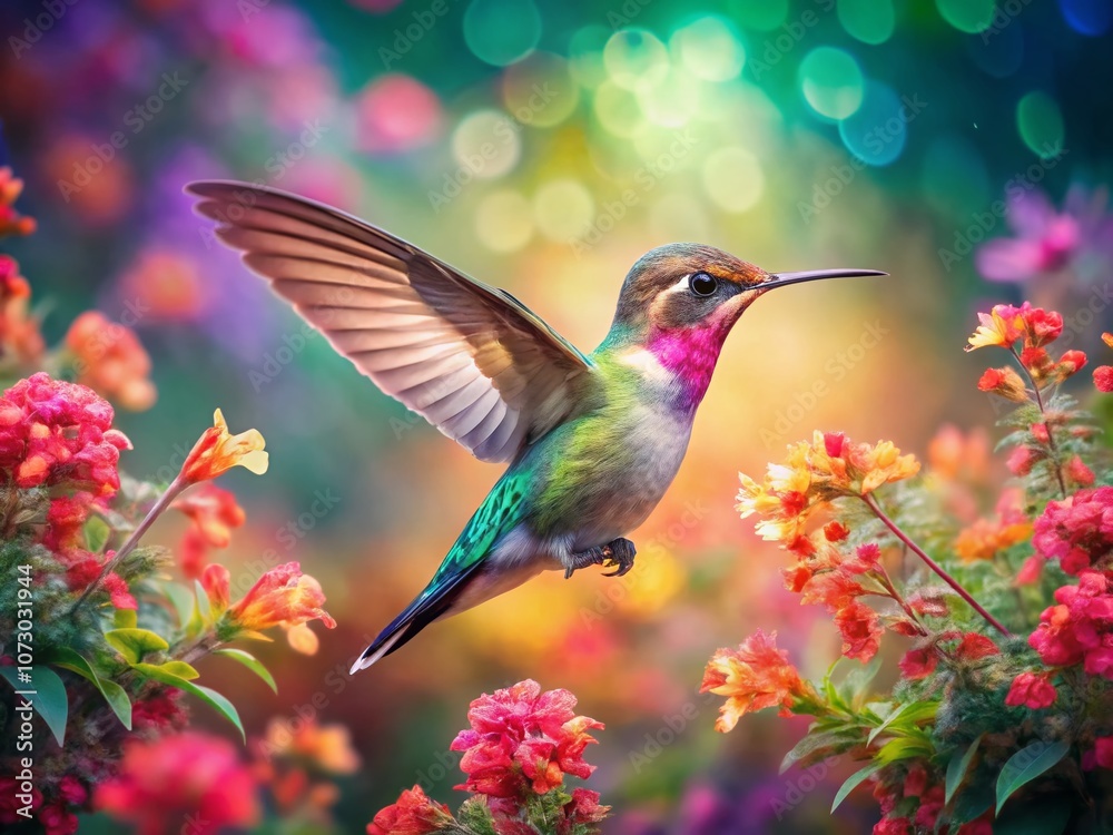 Fototapeta premium Captivating Aerial Photography of Watercolor Hummingbird Over Vibrant Floral Landscape, Showcasing Nature’s Beauty and Artistic Expression in a Serene Setting