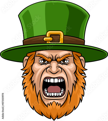 A leprechaun Celtic Irish head or face, angry cartoon sports mascot man.