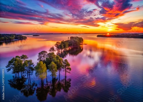 Captivating Aerial View of a Breathtaking Sunset Over Lake Murray in South Carolina, Showcasing Nature's Vibrant Colors and Tranquil Waters