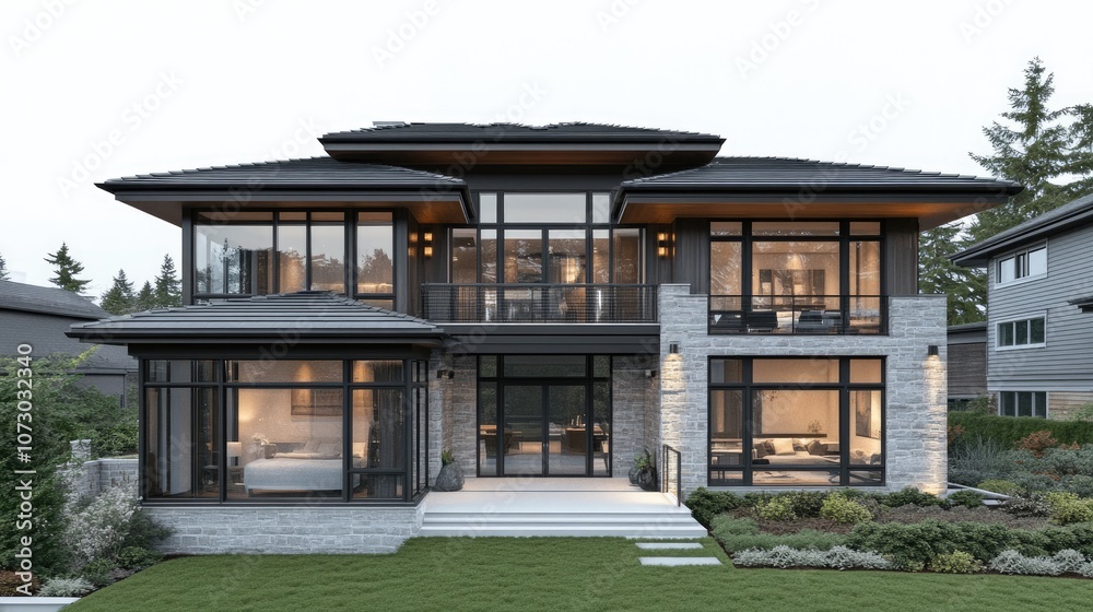 Contemporary Two-Story Home with Expansive Glass Windows and Welcoming Exterior Surrounded by Lush Landscaping and Modern Design Elements in a Suburban Setting Contemporary Two-Story Home with Expansive Glass Windows and Welcoming Exterior Surrounded by Lush Landscaping and Modern Design Elements in a Suburban Setting