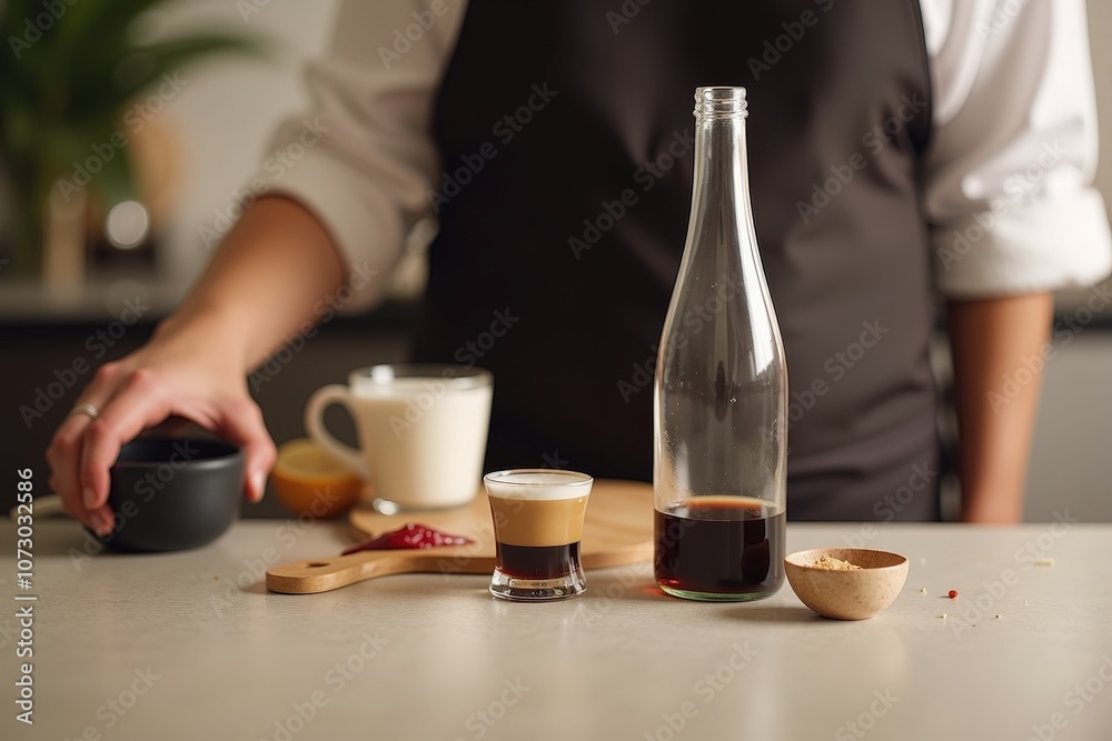 Barista preparing espresso with glass bottle and coffee accessories in modern kitchen setting Barista preparing espresso with glass bottle and coffee accessories in modern kitchen setting