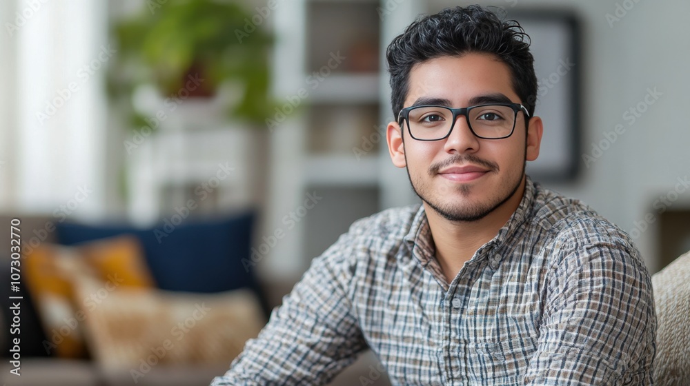Obraz premium Confident Young Man Smiling in a Cozy Living Room Setting
