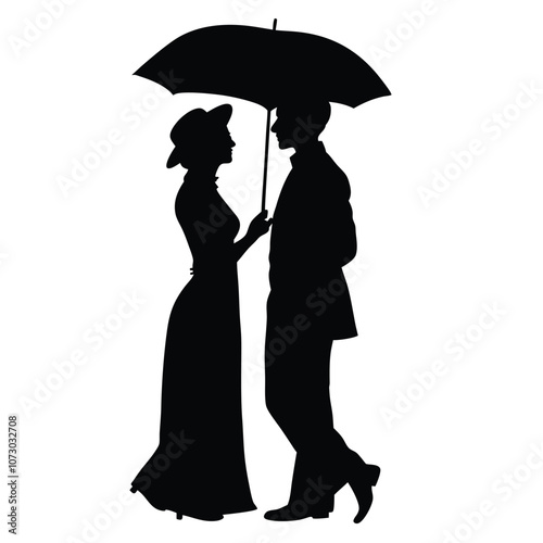 a romantic couple under a umbrella vector silhouette isolated white background