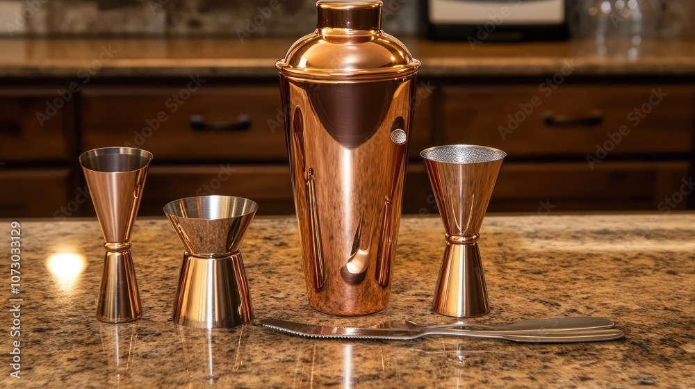 Elegant Copper Cocktail Shaker and Jigger Set on a Marble Kitchen Countertop, Perfect for Home Bartending and Entertaining Guests with Style Elegant Copper Cocktail Shaker and Jigger Set on a Marble Kitchen Countertop, Perfect for Home Bartending and Entertaining Guests with Style