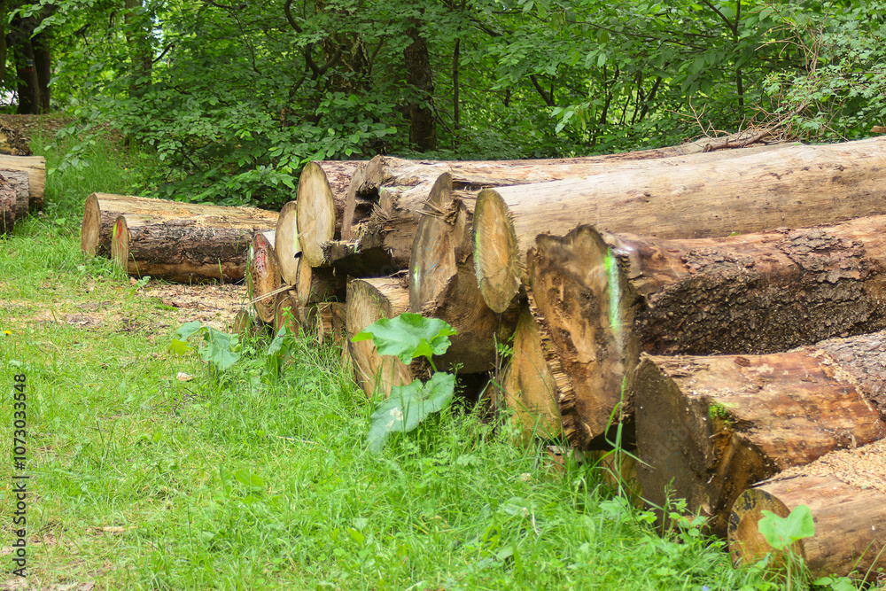 Pile of freshly harvested pine logs in the forest. Forestry logging