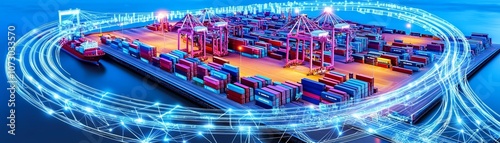 Wallpaper Mural Container yard with digital trade network overlay, representing international supply chain and global commerce Torontodigital.ca