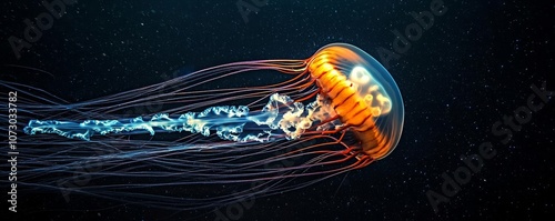 Ethereal jellyfish in deep ocean, bioluminescent glow lighting up surrounding dark waters photo