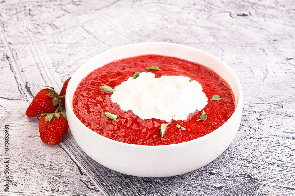 Strawberry soup with strachatella cheese Strawberry soup with strachatella cheese