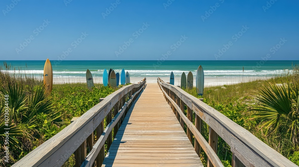 Fototapeta premium Serene Pathway Leading to a Sandy Beach with Colorful Surfboards and Lush Green Vegetation Under a Clear Blue Sky