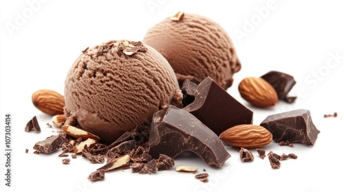 Wallpaper Mural Chocolate ice cream with a crunchy chocolate coating and almond pieces, isolated on white, showcasing its tempting texture. Torontodigital.ca
