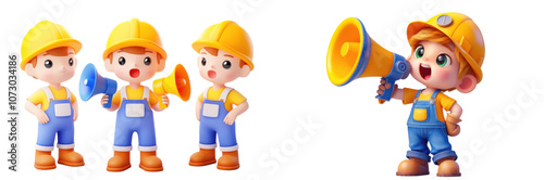 Cute Cartoon Construction Workers with Megaphones  on transparent background