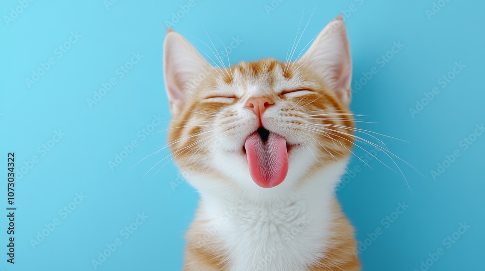 Cat is licking its tongue and smiling. The cat is orange and white. The blue background is calm and peaceful Cat is licking its tongue and smiling. The cat is orange and white. The blue background is calm and peaceful