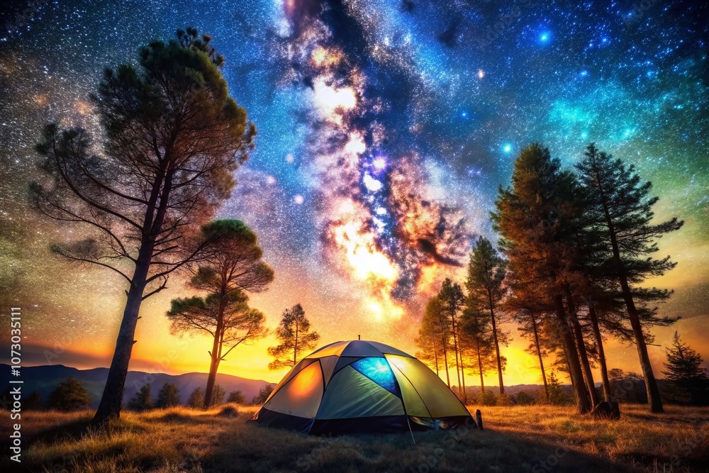 Captivating Double Exposure of a Serene Camping Scene Merging with a Night Sky Full of Stars and Watercolor Effects for Artistic Exploration and Nature Lovers Captivating Double Exposure of a Serene Camping Scene Merging with a Night Sky Full of Stars and Watercolor Effects for Artistic Exploration and Nature Lovers