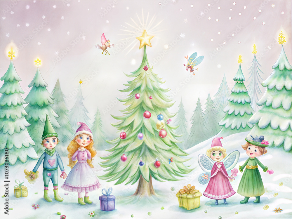 Fototapeta premium Magical New Year scene with children and fairies decorating a Christmas tree in a snowy landscape