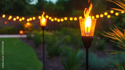 The image features lit tiki torches with flames, surrounded by a lush garden and string lights, creating a cozy outdoor atmosphere.