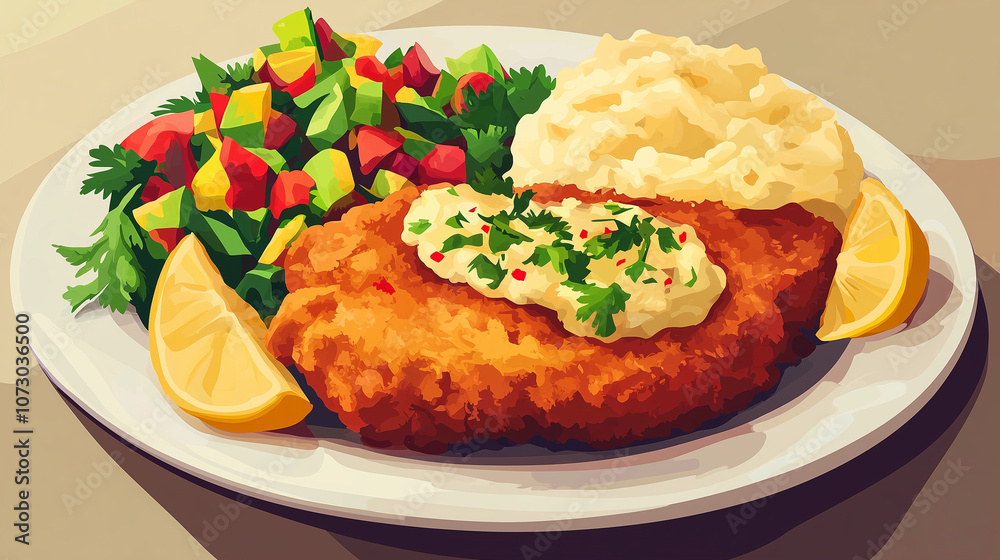 a Milanesa meal, with a playful composition featuring a golden-fried cutlet, a colorful side salad, and a mound of mashed potatoes a Milanesa meal, with a playful composition featuring a golden-fried cutlet, a colorful side salad, and a mound of mashed potatoes