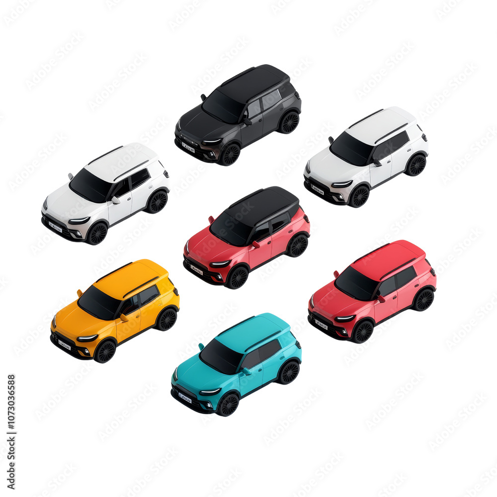 Naklejka premium A collection of miniature cars in various colors on a PNG transparent isolated background.