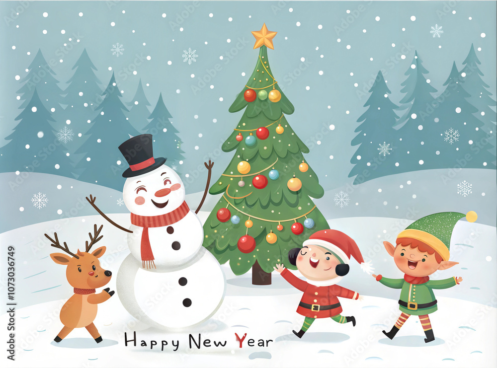 Cheerful New Year postcard illustration with a snowman, reindeer, and children celebrating around a Christmas tree Cheerful New Year postcard illustration with a snowman, reindeer, and children celebrating around a Christmas tree