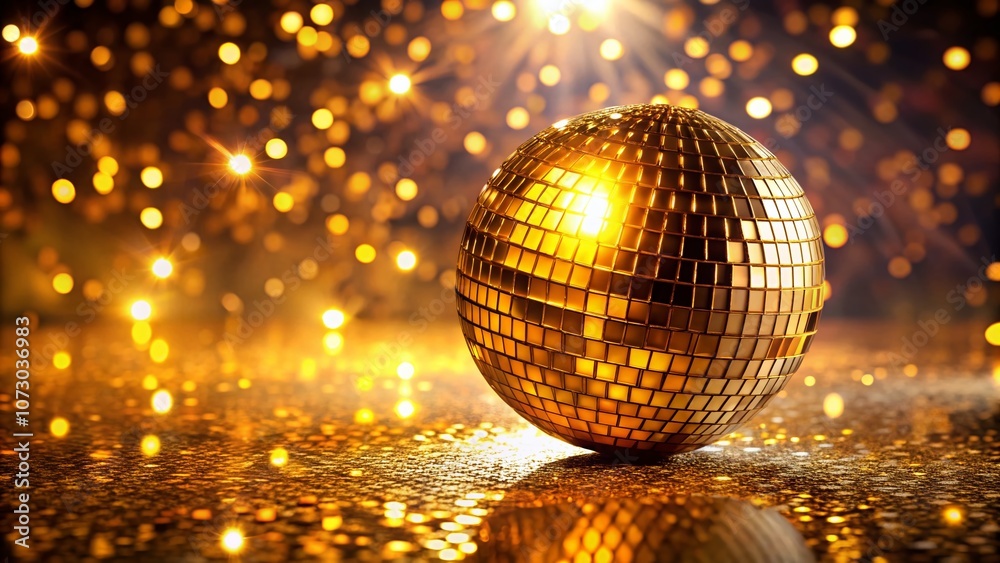 Obraz premium Captivating Golden Disco Ball Glimmering on a Dark Sparkling Background in Perfect Rule of Thirds Composition
