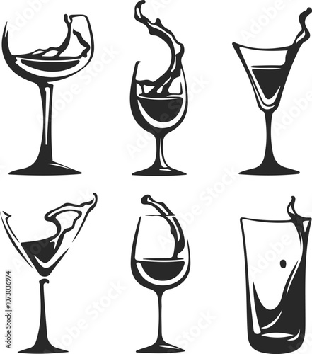 Wine Glasses Black Sketch Line Drawing. Glass of Wine Abstract Minimal Simple Linear Drawing. Drink Concept Linear Cartoon Illustration. Modern Trendy Vector Drawing Collection