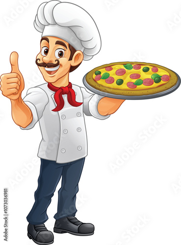 A chef cook holding a pizza cartoon food man mascot character illustration