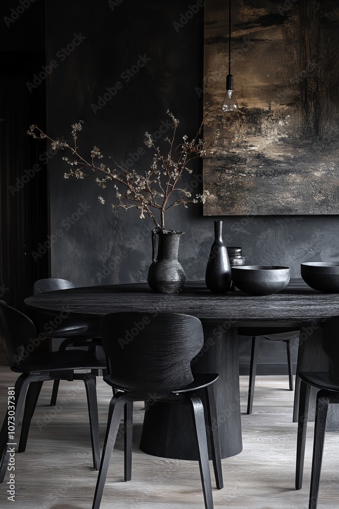 A modern dining space with an oval black wooden table and matching black chairs A modern dining space with an oval black wooden table and matching black chairs