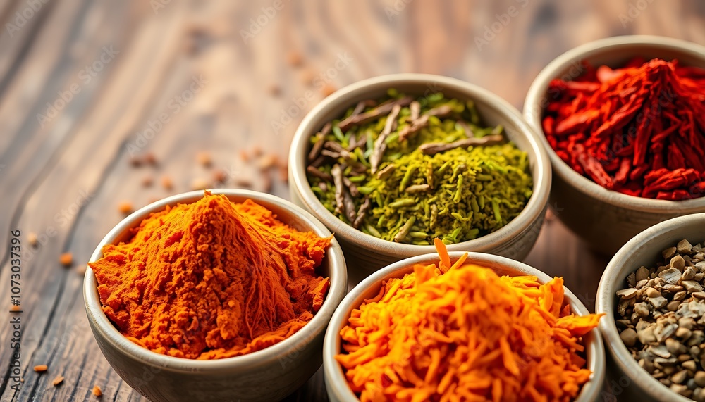 Assorted Spices in Bowls on Wooden Background, Assorted Spices in Bowls on Wooden Background,
