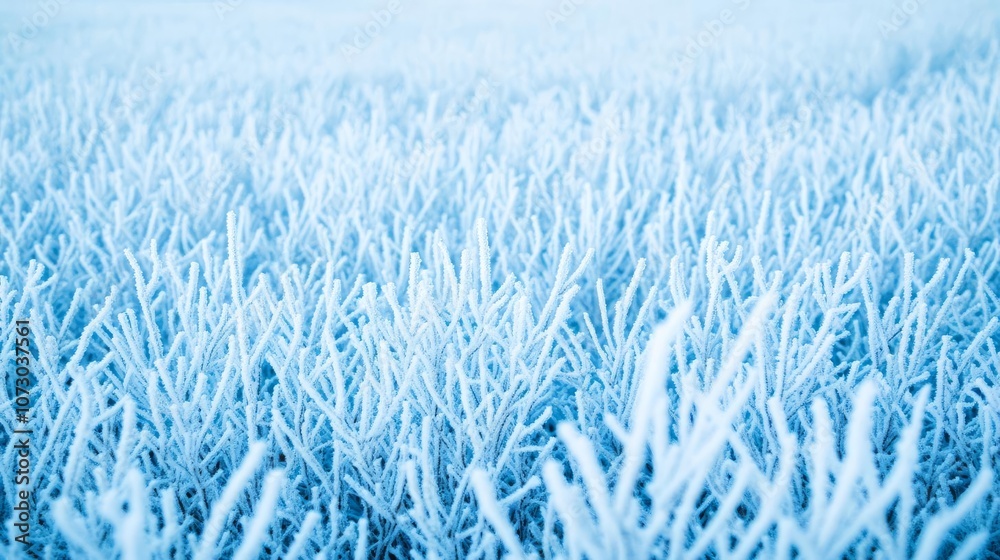 Frost-covered field illuminated by ambient light, cold blue hues, peaceful winter scene
