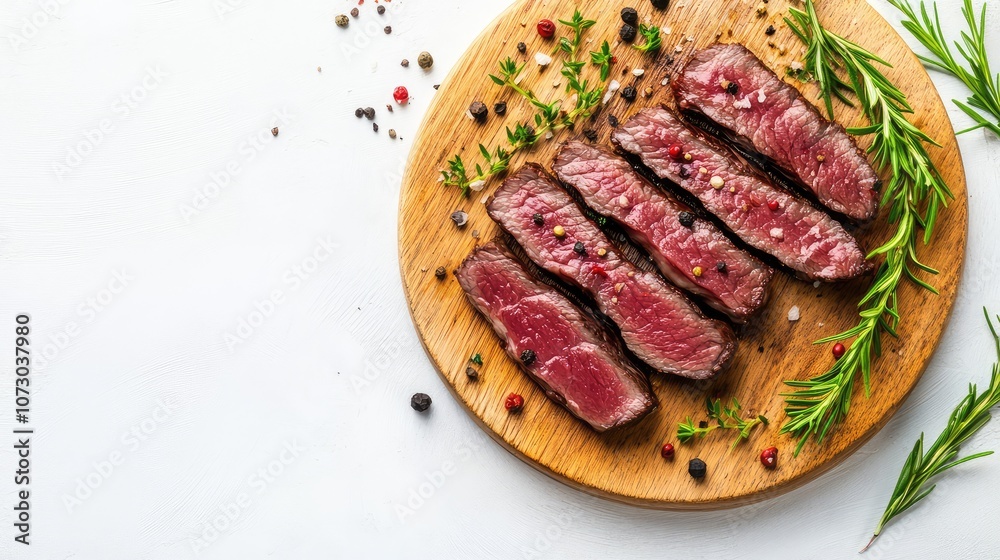 Deliciously Cooked Steak Slices on a Wooden Board Surrounded by Fresh Herbs and Colorful Peppercorns Ideal for Culinary and Gastronomic Presentations