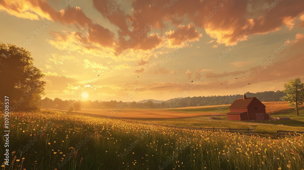 Serene Sunrise Over Meadow Landscape with Barn and Rolling Hills Beneath Vibrant Sky and Soft Clouds in Rural Countryside Serene Sunrise Over Meadow Landscape with Barn and Rolling Hills Beneath Vibrant Sky and Soft Clouds in Rural Countryside