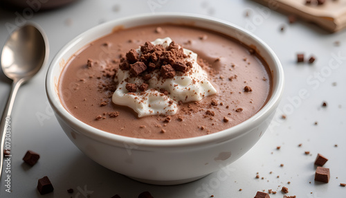 Chocolate mousse topped with whipped cream and chocolate flakes in white bowl on gray surface