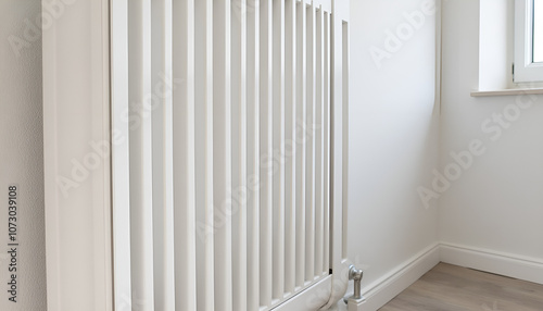 Modern white radiator installed in bright room with light walls and wooden floor
