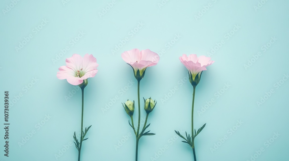 Delicate Pink Flowers on Soft Blue Background in Minimalist Style Capturing Natural Beauty and Elegance for an Aesthetic Touch in Home Decor and Design Delicate Pink Flowers on Soft Blue Background in Minimalist Style Capturing Natural Beauty and Elegance for an Aesthetic Touch in Home Decor and Design
