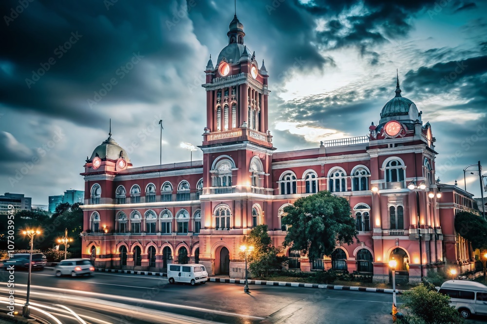 Fototapeta premium Captivating Low Light Photography of Chennai Corporation Buildings at Night Showcasing Architectural Elegance and Urban Life in Tamil Nadu's Bustling Capital City