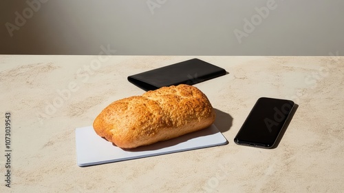 Freshly Baked Bread Loaf on Minimalist Surface with Mobile Phone and Tablet, Showcasing Simple Lifestyle and Modern Technology Integration in Daily Life