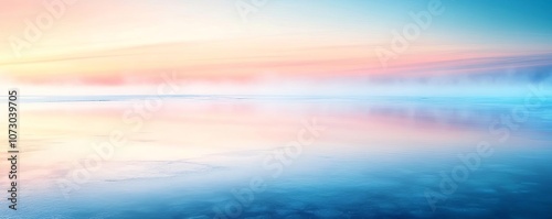 Frosty morning lake with fog hovering over the icy water, soft blue light, cold and tranquil scene, minimalistic composition