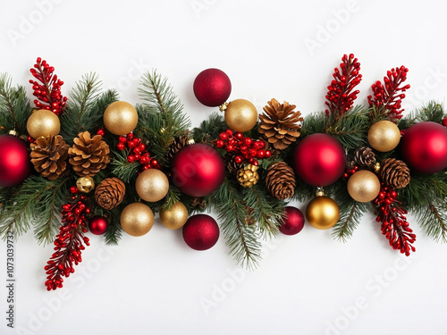 Festive Christmas Garland with Red and Gold Ornaments on White Background