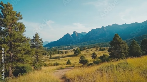 Serene Mountain Landscape with Lush Green Fields and Clear Blue Sky Under Bright Sunlight in a Picturesque Natural Setting