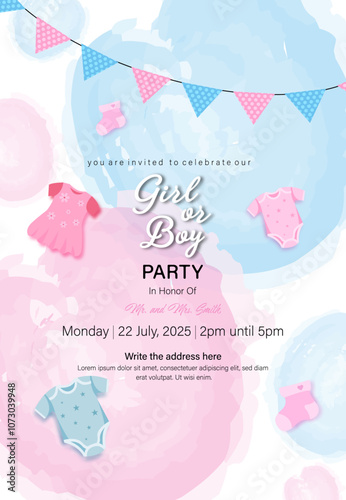 Gender reveal party invitation design with watercolor background.