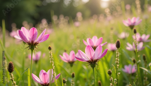 Field of pink flowers illuminated by sunlight in a natural setting 