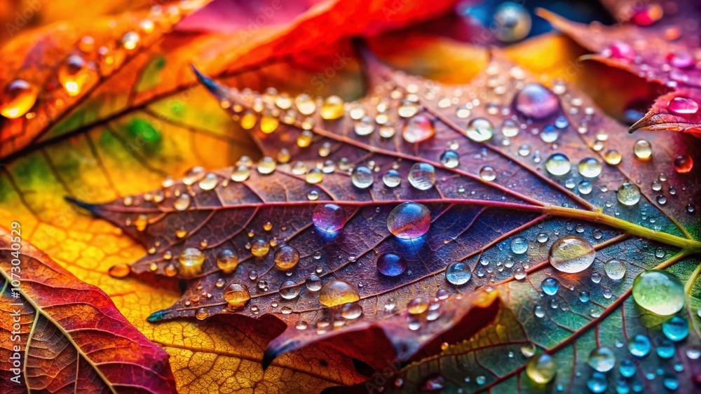 Fototapeta premium Captivating Macro Photography of September's Watercolor Wonders: A Close-Up Exploration of Autumn Leaves, Dew Drops, and Nature's Palette in Vibrant Hues