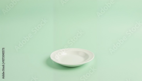 Minimalist white plate on a light green background for table settings and food photography