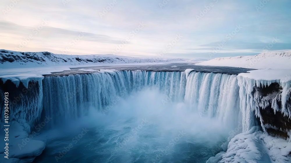 Frozen waterfall with soft blue ambient light, cold mist, peaceful winter landscape Frozen waterfall with soft blue ambient light, cold mist, peaceful winter landscape