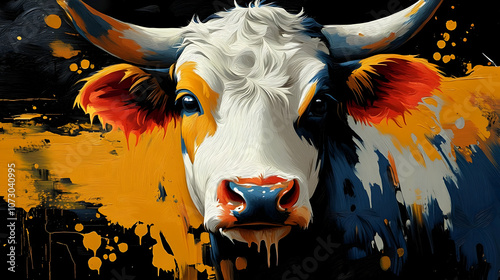 Cow Portrait Painting with Abstract Background photo