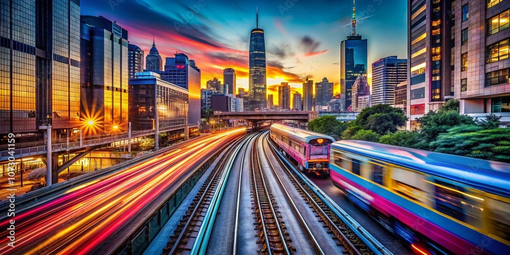 Fototapeta premium Captivating Motion Blur of Trains Passing Through Urban Landscapes: A Fashion Photography Perspective on City Life and Transit Dynamics
