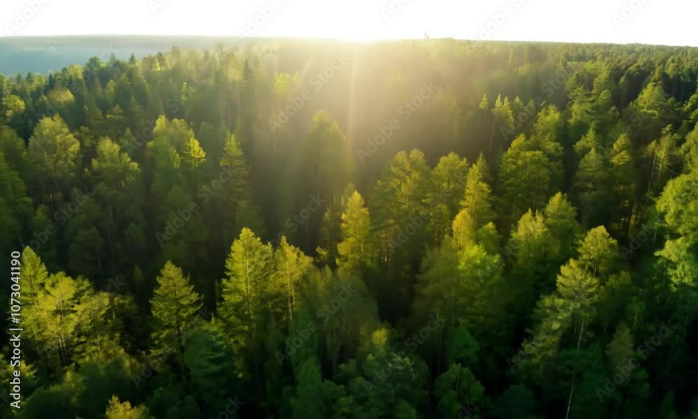 Aerial drone footage over a dense, lush green forest