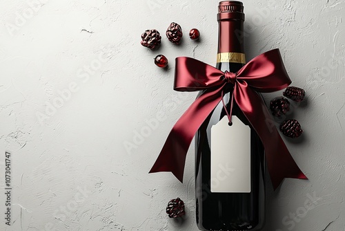 A luxurious black wine bottle adorned with a burgundy satin bow, ideal for winter celebrations, gifting, or holiday events. Perfect for New Year's, Christmas, and elegant soirées.