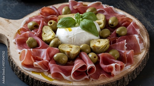 Traditional Italian antipasto platter with prosciutto, olives, mozzarella, artichokes, and sun-dried tomatoes on rustic wood board